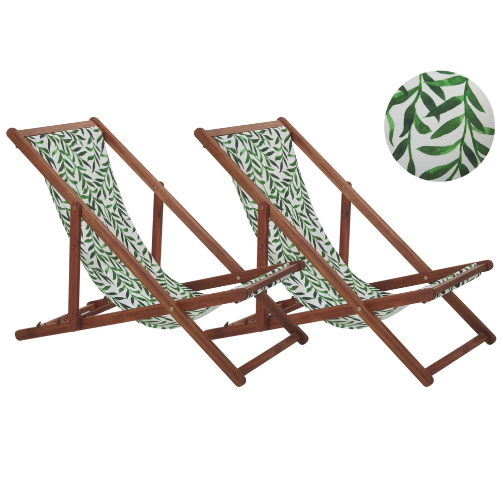 Set di 2 sedie a sdraio da giardino con struttura in legno di acacia chiaro con motivo a foglie in tessuto amaca sedile reclinabile
