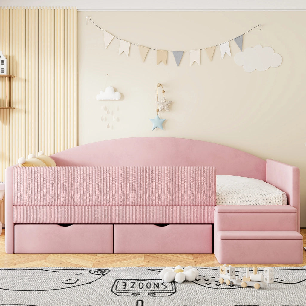 Letto per bambini 90 × 190 cm con 2 cassetti, barriera e scalini, senza materasso, in velluto, rosa