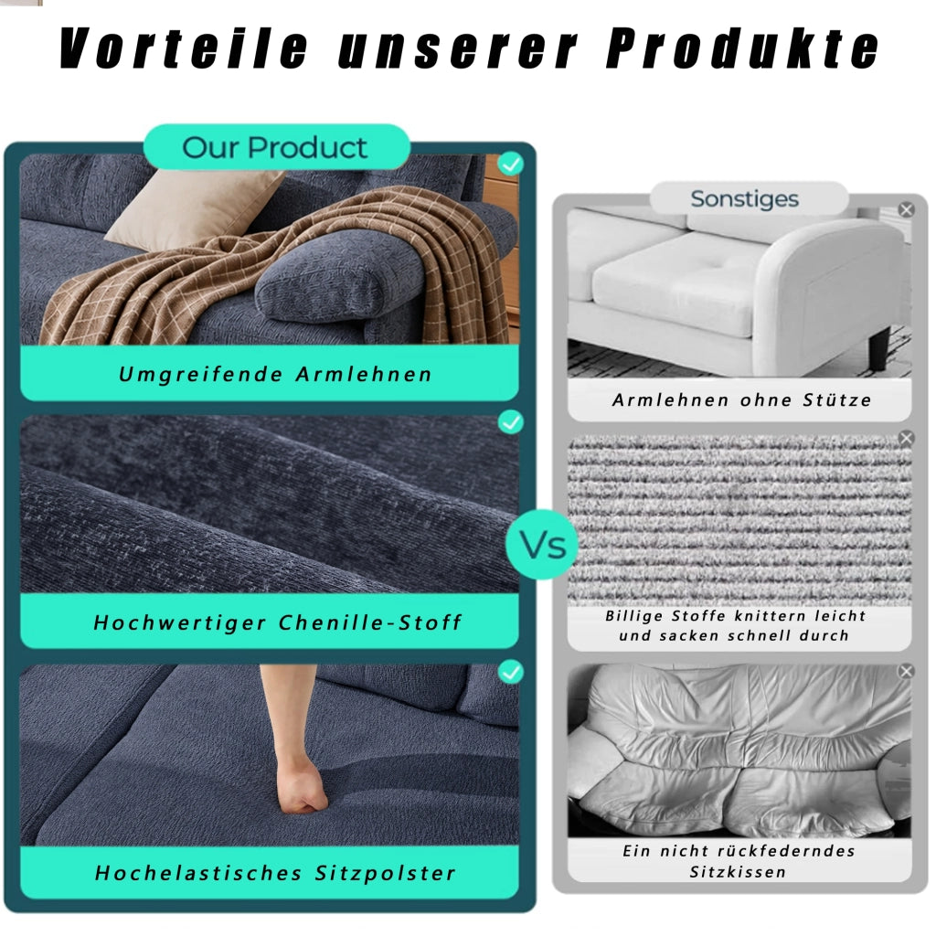 Divano angolare 3 posti convertibile con chaise longue reversibile e braccioli imbottiti in tessuto ciniglia blu 187.5 × 130 × 79 cm