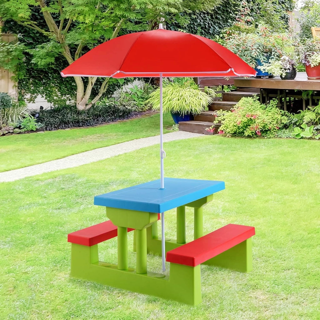 Tavolo da Picnic, Set di Tavolo e Sedie per Bambini con Parasole Pieghevole per Giardino/Terezzo/Parco, Bambini più di 3 Anni (Verde + Rosso + Blu)