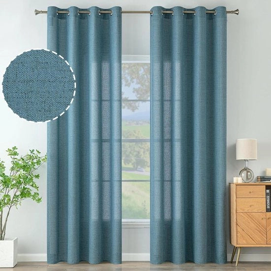 Gordini in lino con effetto anello - Soggiorno moderno semi-trasparente tenda voile - Naturale - 2 pezzi - 140 x 160 cm - Blu.