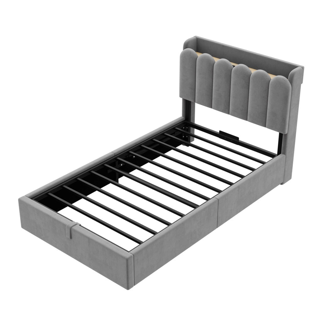 Letto singolo per bambini 90x200 cm in velluto grigio con contenitore; USB; Type-C e luce