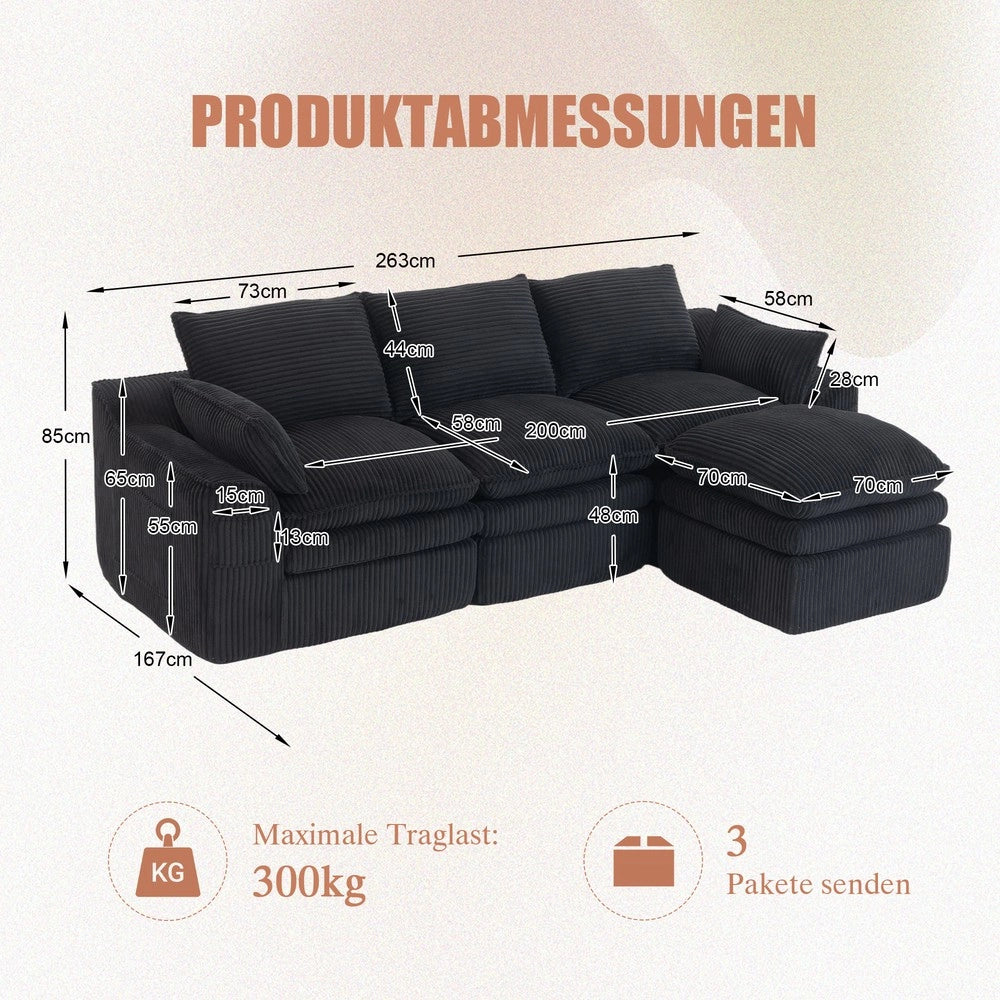 Divano Modulare 4 Posti con 2 Pouf ¨C Xylo ¨C Nero, Tessuto a Coste, Cuscini e Tasche Laterali