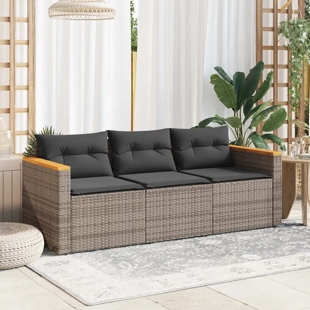 Divano da Giardino con Cuscini 3 Posti Grigio in Polyrattan