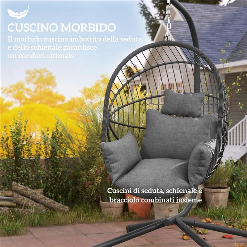 POLTRONA SOSPESA A UOVO CON CUSCINO IMBOTTITO E CESTO PIEGHEVOLE, 120X106X188 CM, GRIGIO