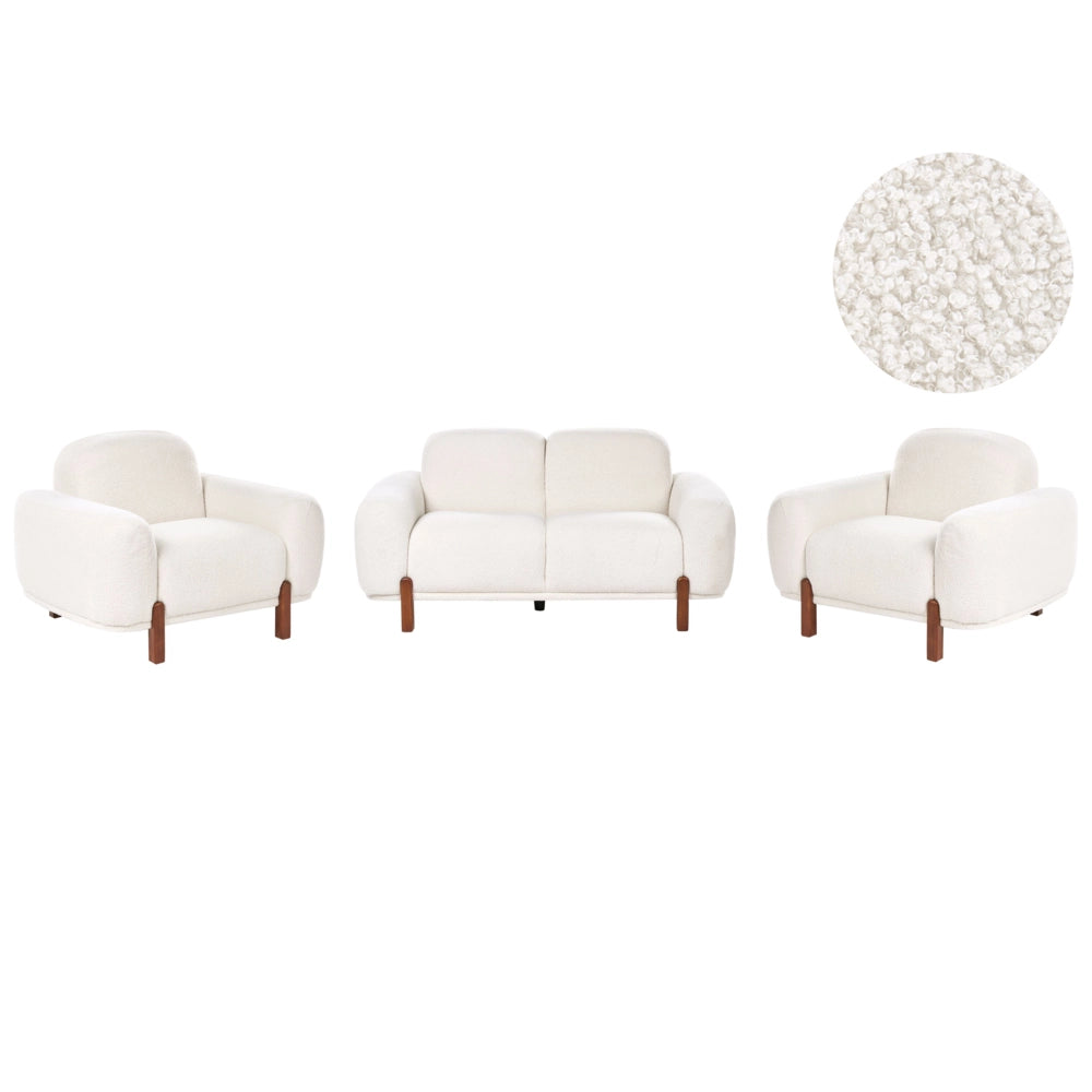 Set da salotto a 4 posti Rivestimento bouclé color bianco Divano a 2 posti e 2 poltrone Morbido Moderno Organico Basso Curvilineo