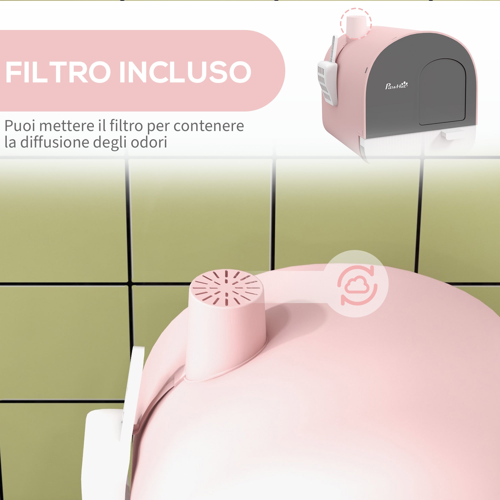 Lettiera per Gatti Chiusa con Filtri 43x44x47 cm Paletta e Vassoio in PP Rosa
