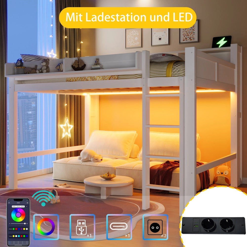 Letto a Soppalco in Legno con LED e USB ¨C MINIMAL ¨C Bianco 140x200 cm