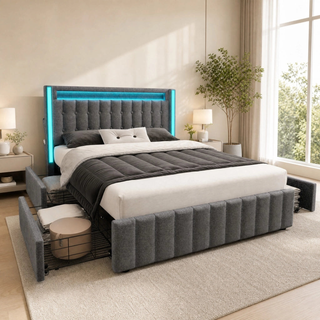 Letto matrimoniale 140x200 cm con 4 cassetti; USB Type-C e LED; lino grigio