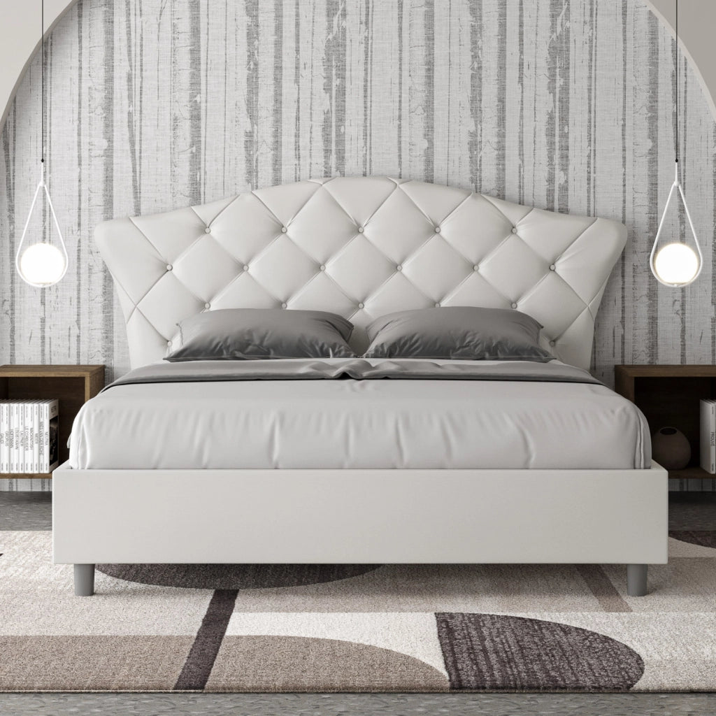 BS COM Letto matrimoniale con rete imbottito 160x200 similpelle bianco