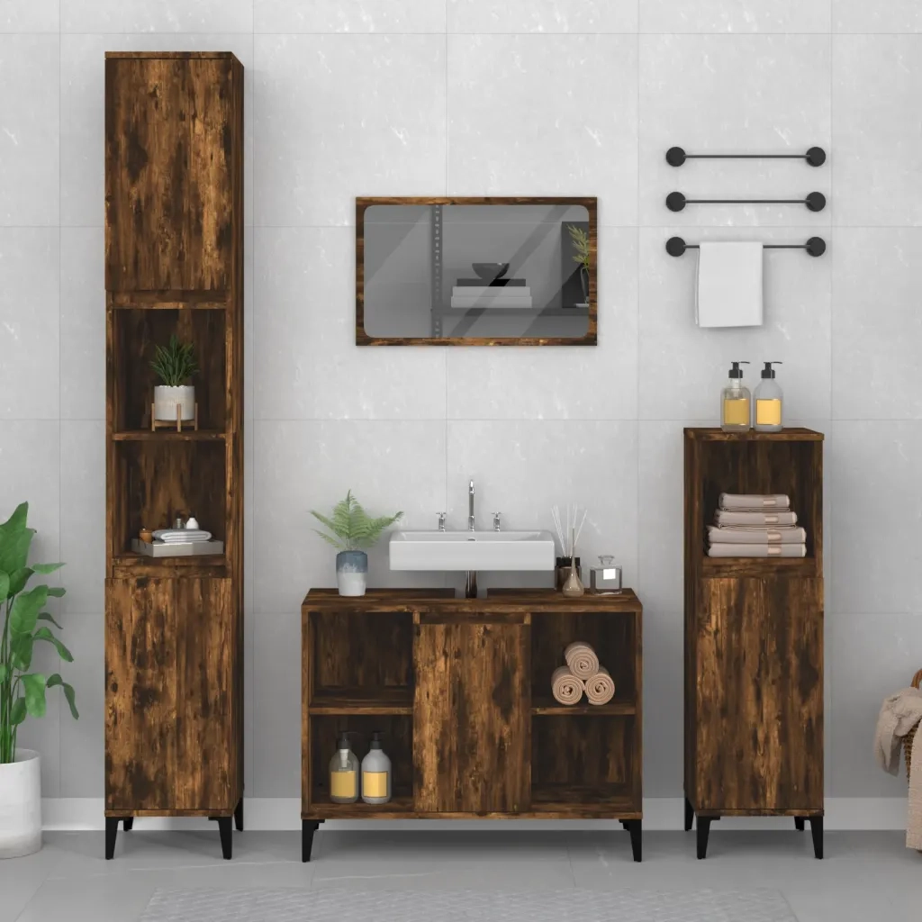 Set Mobili da Bagno | Armadio da bagno 3 pz Rovere Fumo in Legno Multistrato