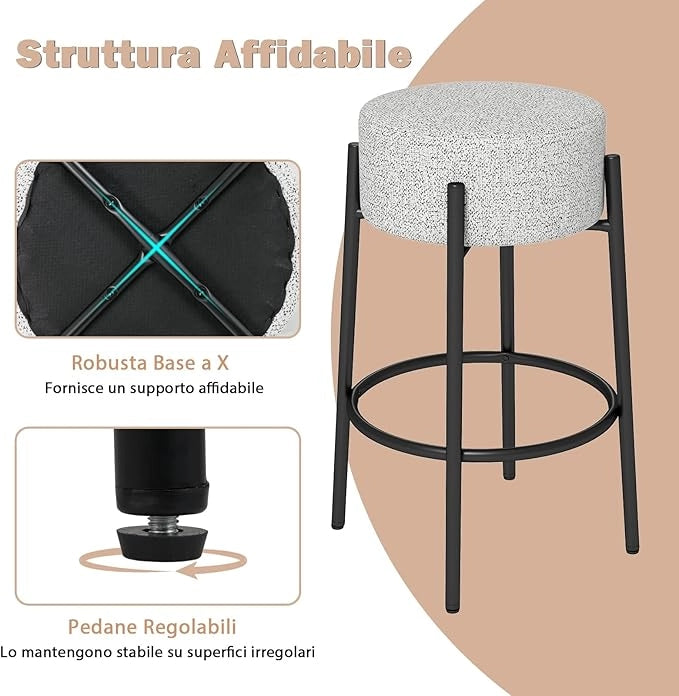 Sgabello da Bar 48 x 48 x 68 cm, Sedia da Pranzo con Seduta Imbottita e Base in Metallo, Sgabello Imbottito inTessuto di Lino per Isola della Cucina e Sala da Pranzo, Grigio