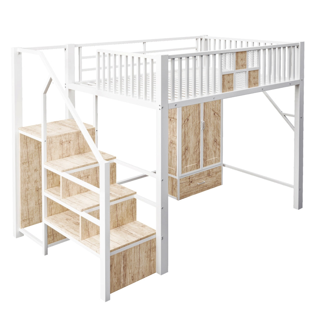 Letto a soppalco in metallo e legno con armadio, cassetti e scala contenitore, bianco, 140 x 200 cm
