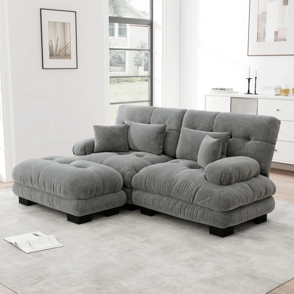 Divano angolare 2 posti con poggiapiedi ¨C Minimal ¨C grigio chenille imbottito con braccioli e cuscini