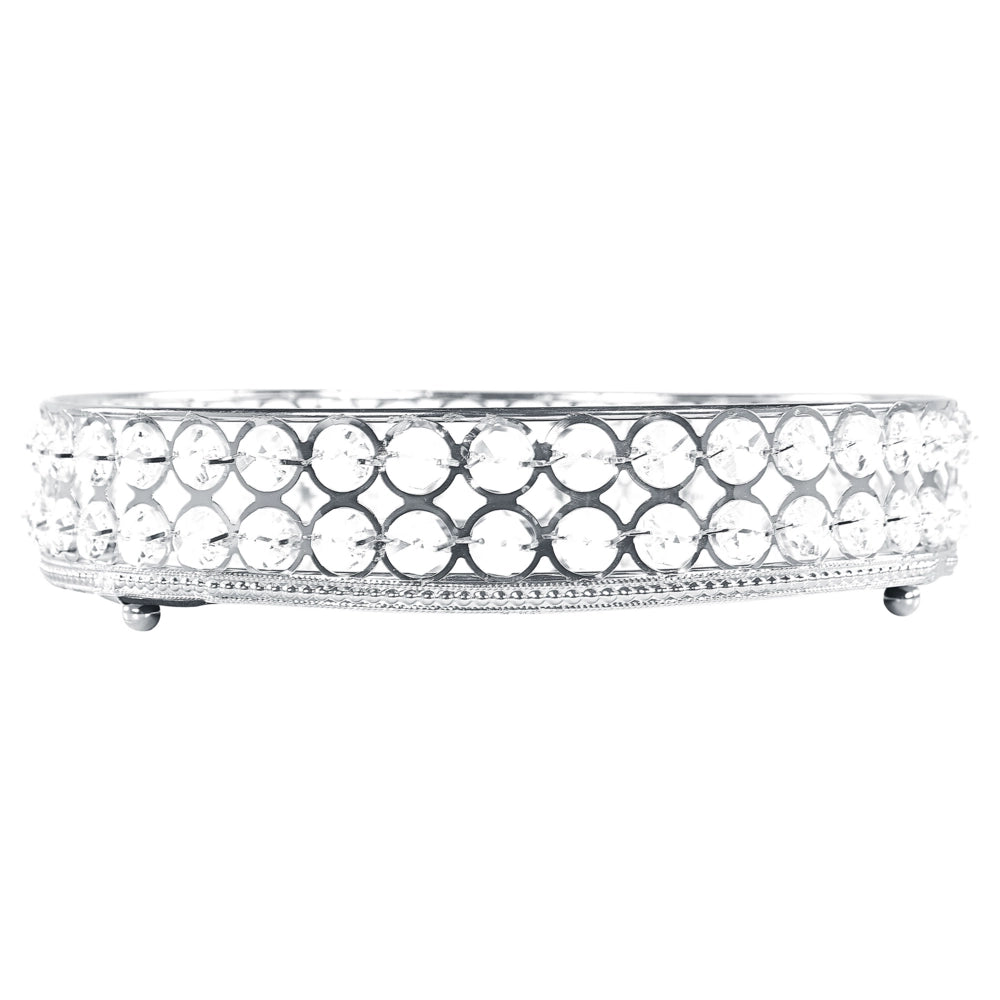 Vassoio decorativo argentato in ferro e vetro specchiato rotondo con strass da tavolo con i glamour