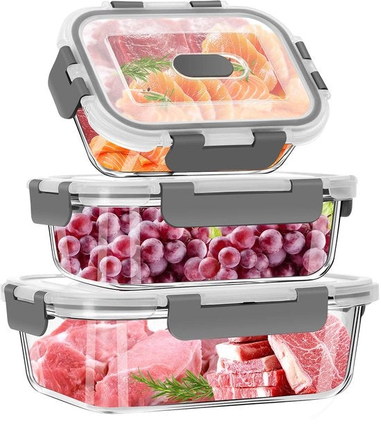 Set di contenitori in vetro da 3 pezzi, contenitori in vetro BPA liberi con coperchi, contenitori di stoccaggio in vetro con coperchi, contenitore in vetro con coperchi (1040 ml, 640 ml, 320 ml)