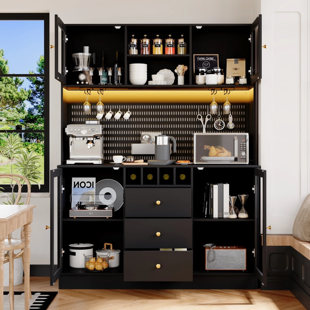 Colonna cucina con LED smart, portabottiglie e vetro, nera