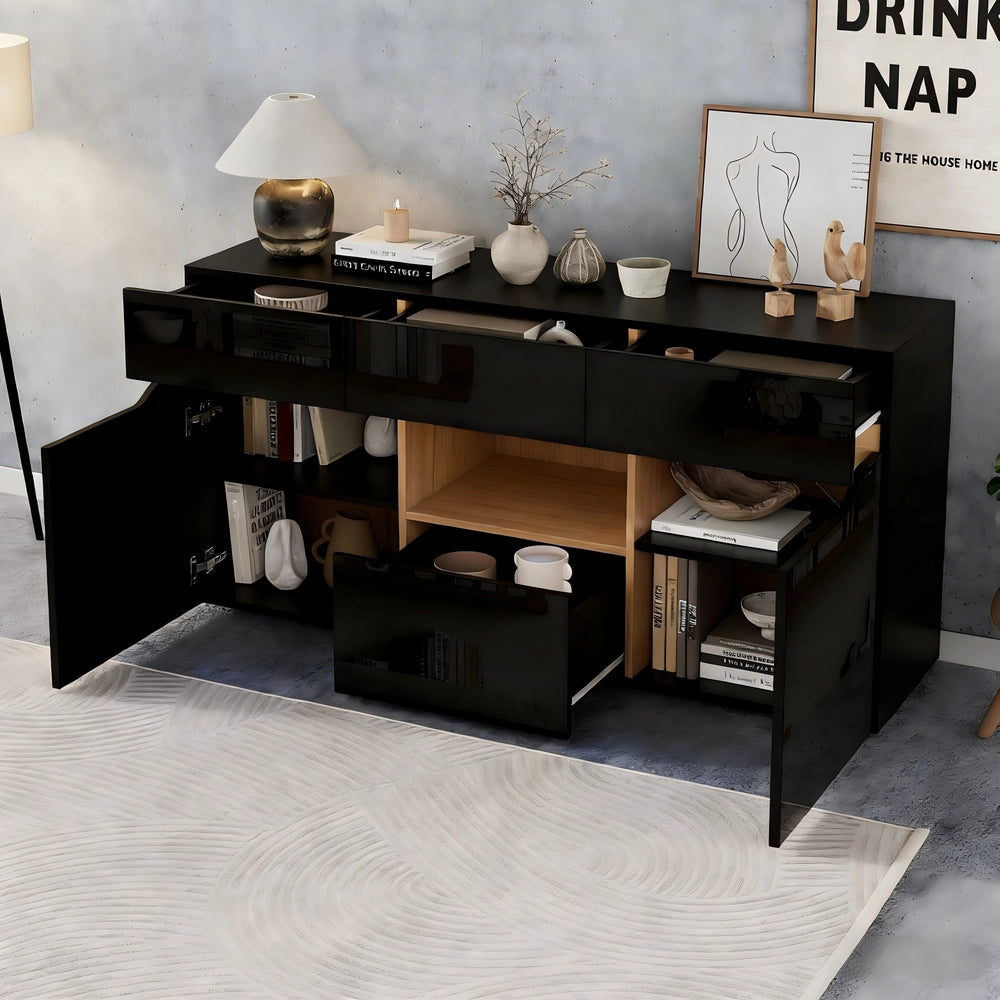 Credenza Soggiorno con Cassetti e LED ¨C MINIMAL ¨C Nero/Legno 140x40x70