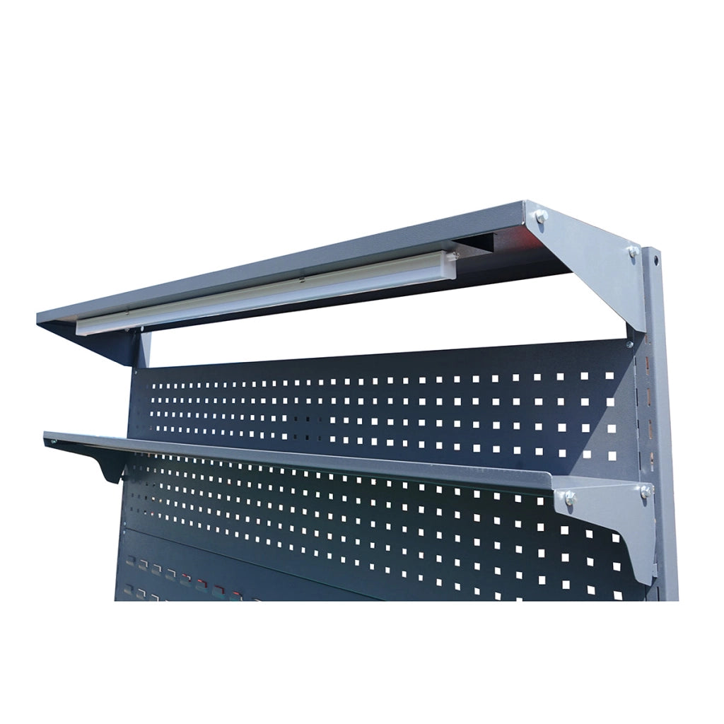 Tavolo, banco da lavoro da officina con presa 220V, pannello forato e illuminazione a LED 1500x750x800+1000mm