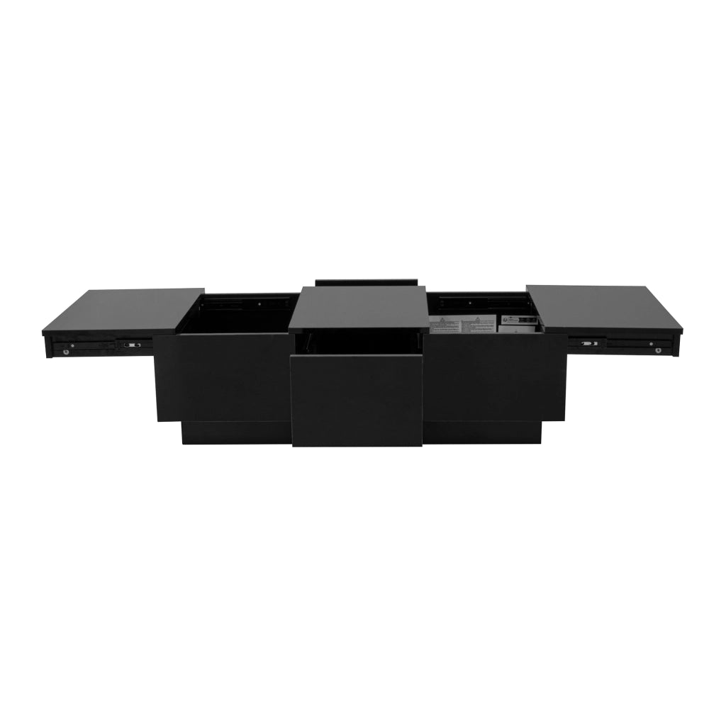 Tavolino da salotto 100x31x50 cm; piano lucido parziale con 2 cassetti; pannello truciolare nero