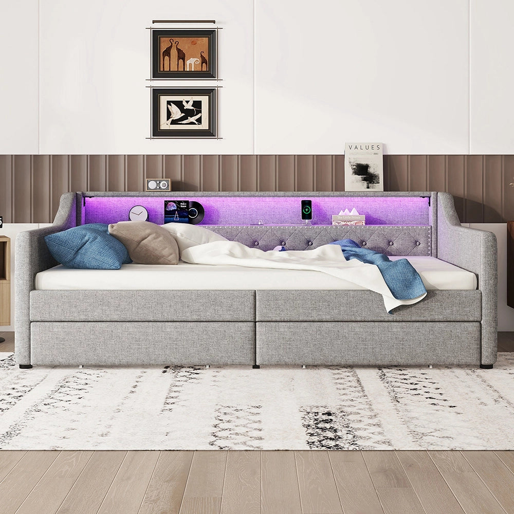 Letto singolo con cassetti e illuminazione - Xylo - 90x200 cm - Grigio