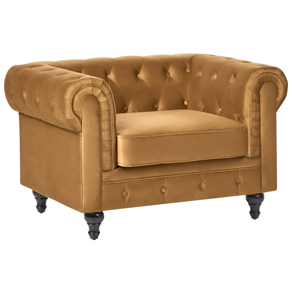 Set da soggiorno Chesterfield con rivestimento in velluto oro con gambe nere divano a 3 posti + poltrona