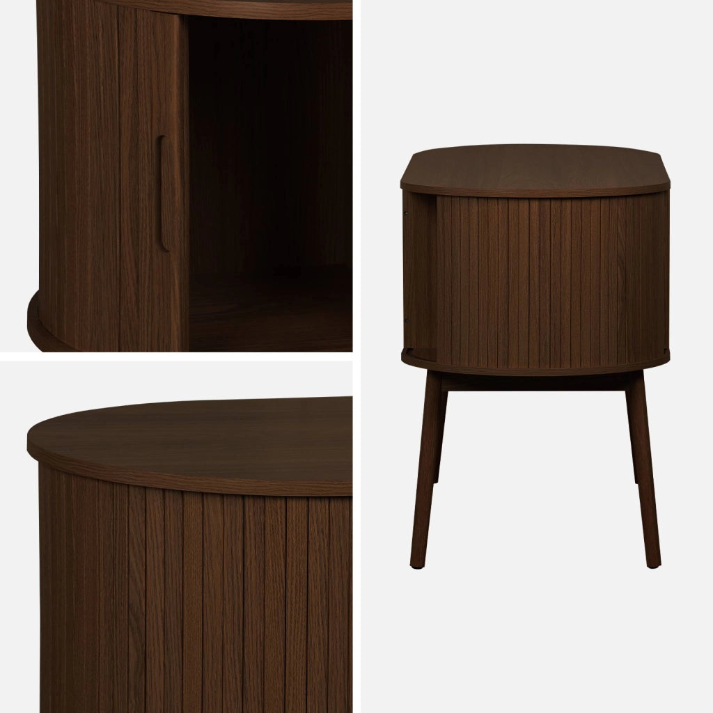 Scrivania ovale con effetto legno scanalato e due vani portaoggetti,