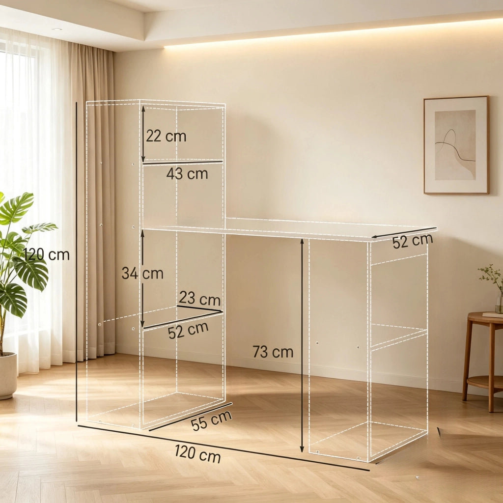 Scrivania moderna bianca 2 in 1 con libreria integrata, piano ampio e struttura salvaspazio