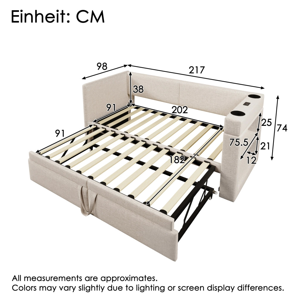 Daybed imbottito 90x200 cm con letto estraibile, USB, Type-C e portabicchieri