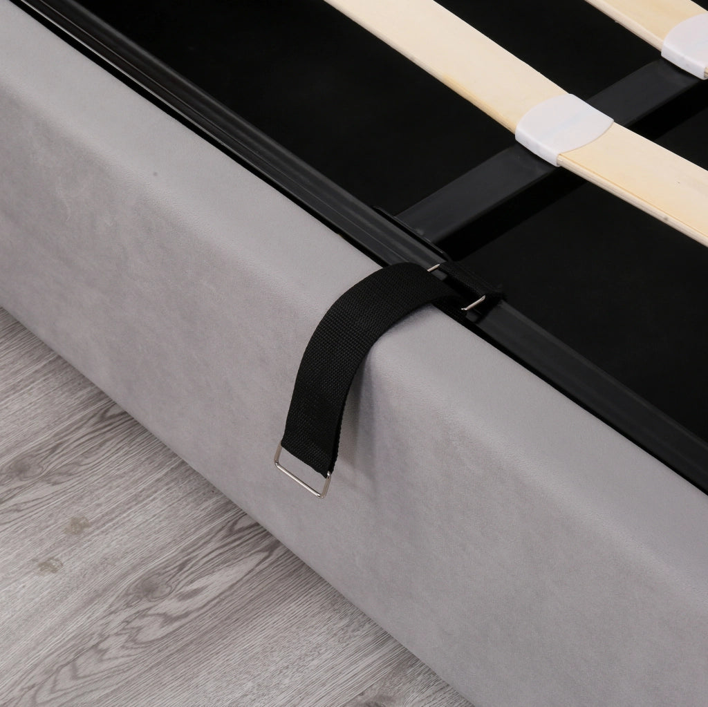 Letto matrimoniale imbottito in velluto grigio 140x200 cm con contenitore e rete a doghe