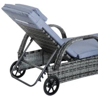 Set 2 Lettini Sdraio e 1 Tavolino da Giardino con Materassini Imbottiti e Ruote, in Polyrattan, Grigio