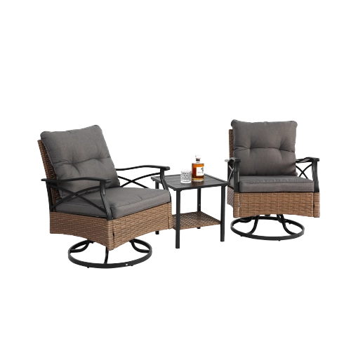 Set 3 Pezzi da Giardino con 2 Sedie a Dondolo Girevoli e Tavolino ¨C MINIMAL ¨C Polyrattan Marrone