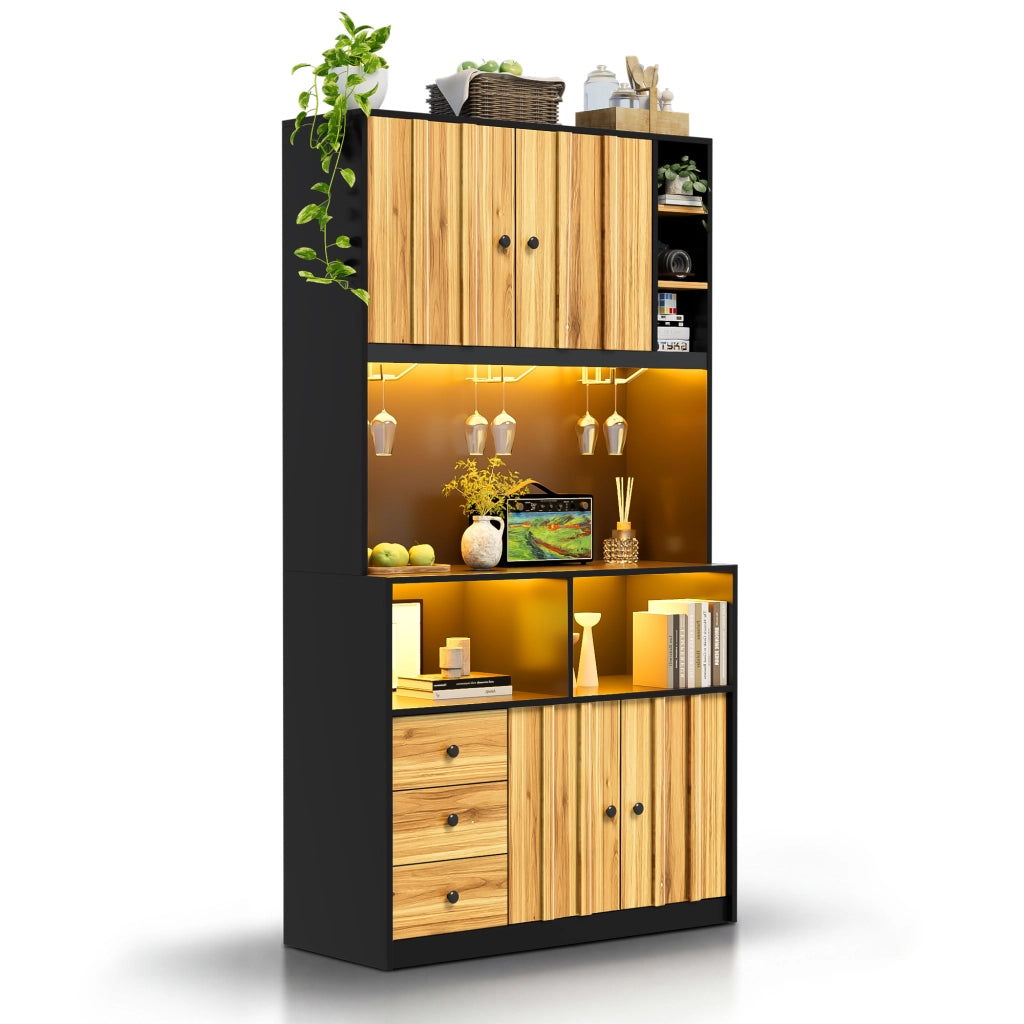 Hochschrank da cucina con vetrina, illuminazione LED RGB, prese integrate e portabicchieri, 100 x 40 x 180 cm