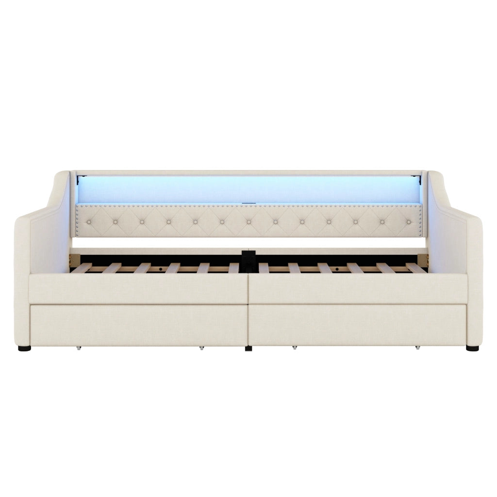 Daybed 90x200 cm con rete a doghe, 2 cassetti, luce LED ambientale e porta USB, struttura in lino e MDF, Beige