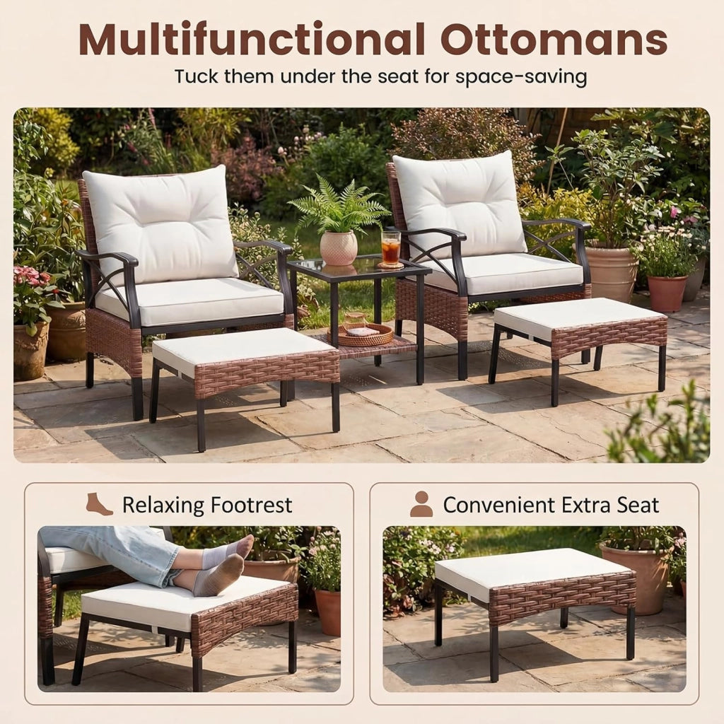 Set di mobili da giardino in rattan, per balconi, balconi, terrazze, 2 poltrone con sgabello, con cuscino, set di mobili da balcone per 2 persone (Beige)