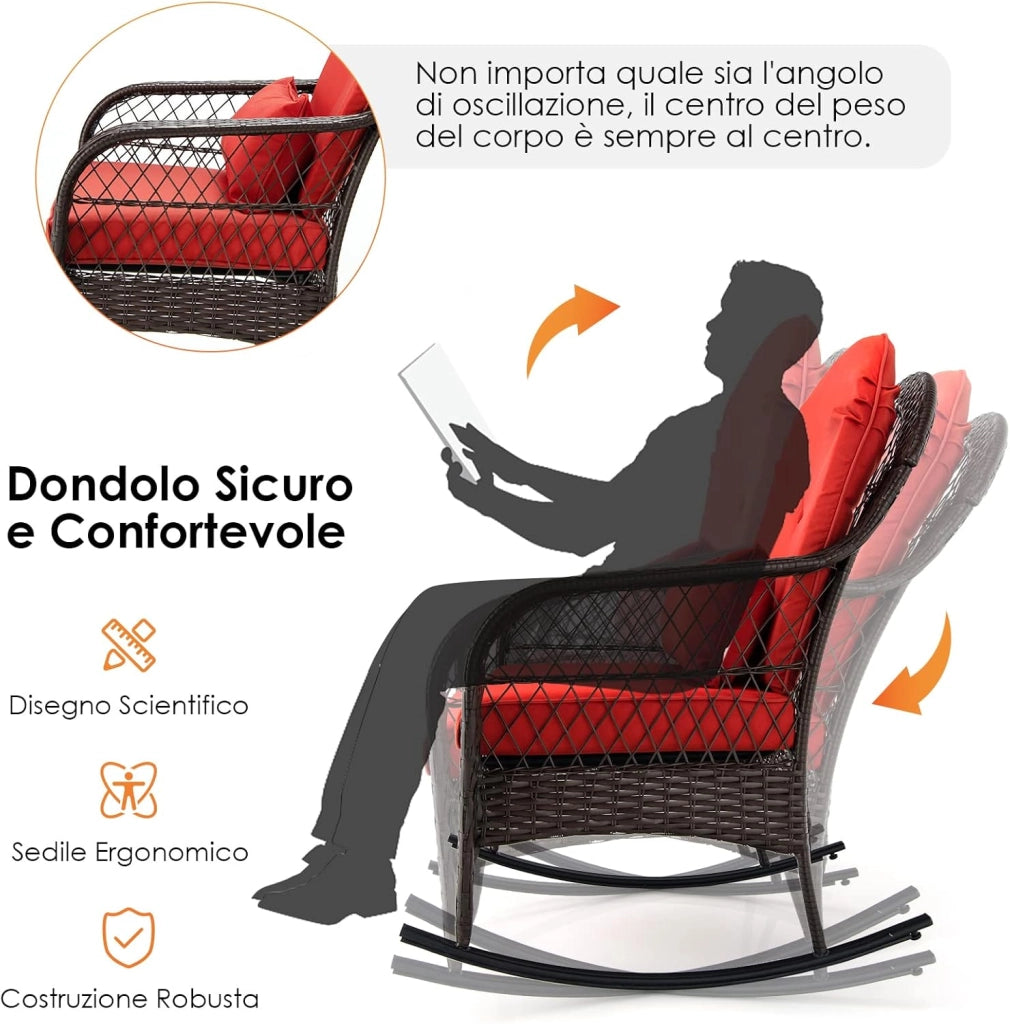 Sedia a Dondolo in Rattan per Cortile, Poltrona da Esterno con Cuscini Morbidi, Struttura in Acciaio Resistente, Sedile Ergonomico per Piscina Balcone Giardino, Carico Massimo 110 kg