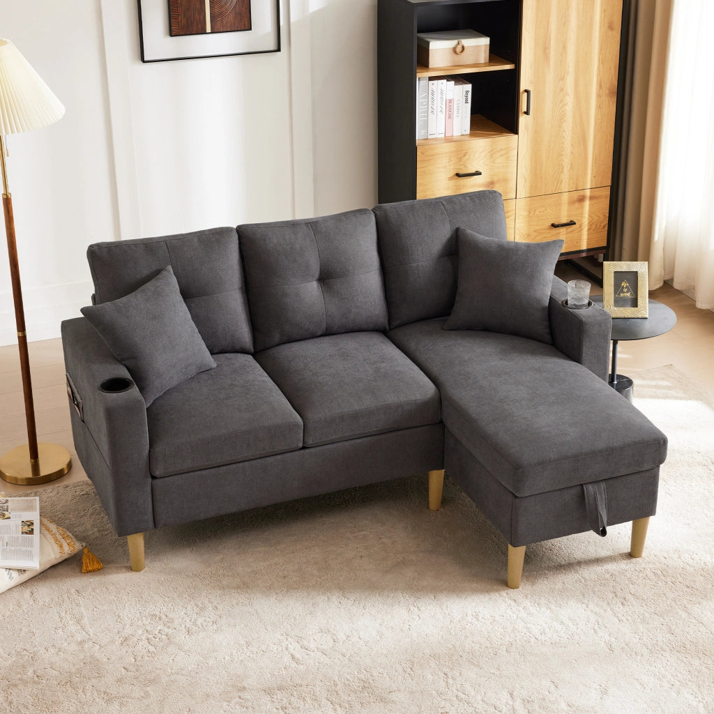DIVANO angolare con chaise longue 175x129x90 cm grigio scuro in cotone e lino, con contenitore