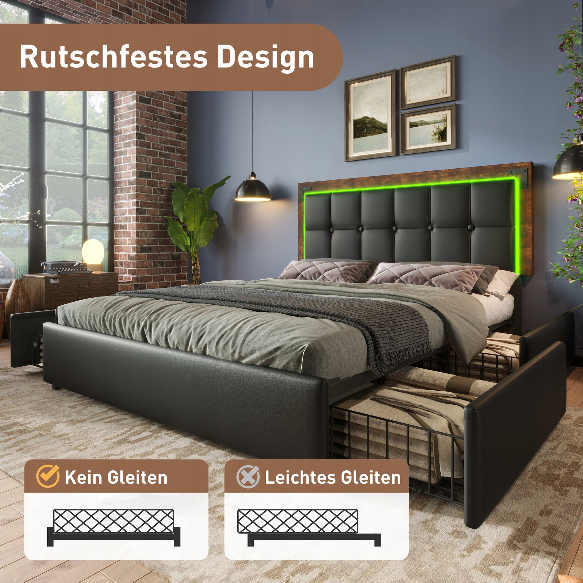 Letto imbottito 160x200 con LED e armadio, nero (con materasso) - Xylo