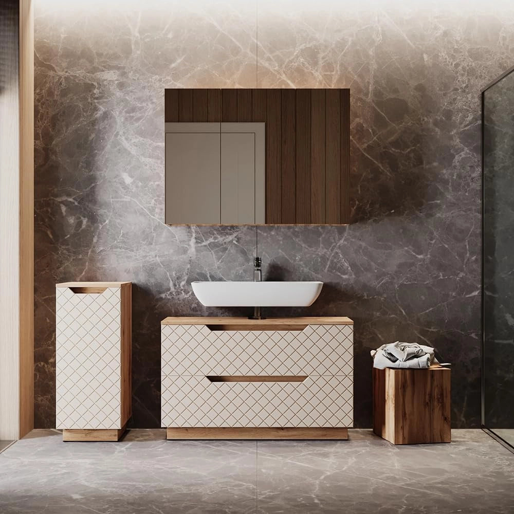 Set di mobili da bagno Lotta, Cachemire, 99.4 cm, composto da mobile sottolavabo, specchiera e mobile medio