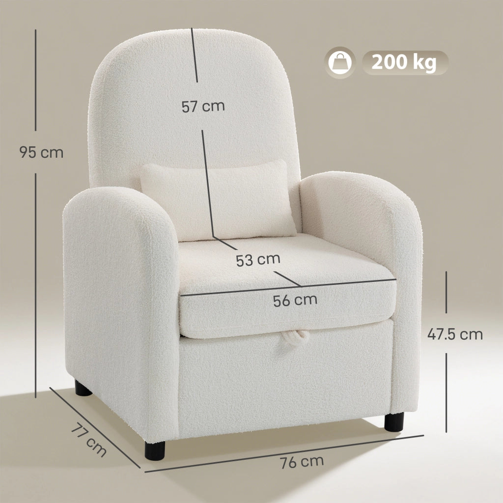 Poltrona Moderna 76x77x95 cm con Spazio Contenitore a Scomparsa e Cuscino Rivestimento in Pile Teddy Crema