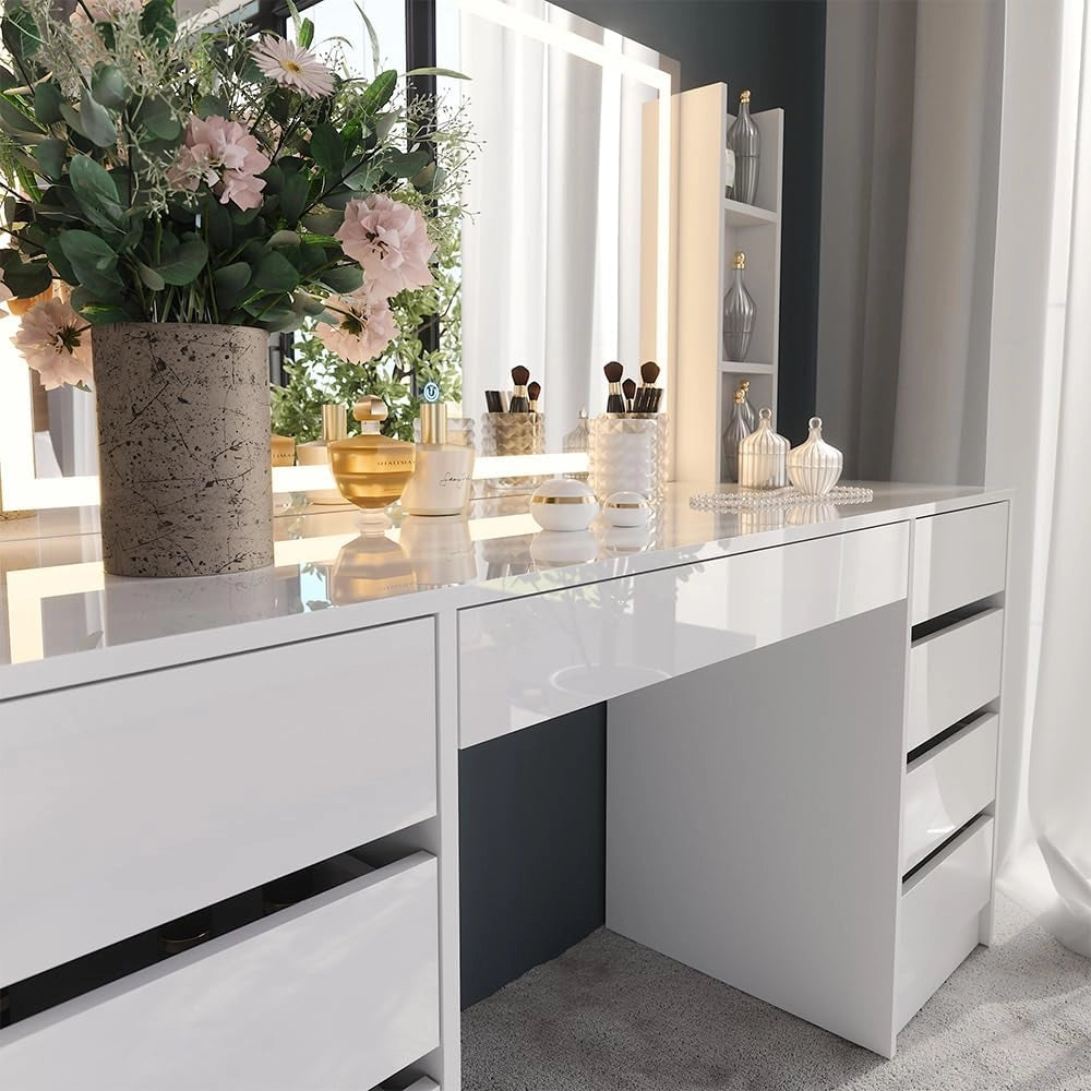 Tavolo da toeletta Sherry, Bianco/bianco lucido, 158.2 cm 4 parti, con illuminazione LED e specchio regolabile in altezza