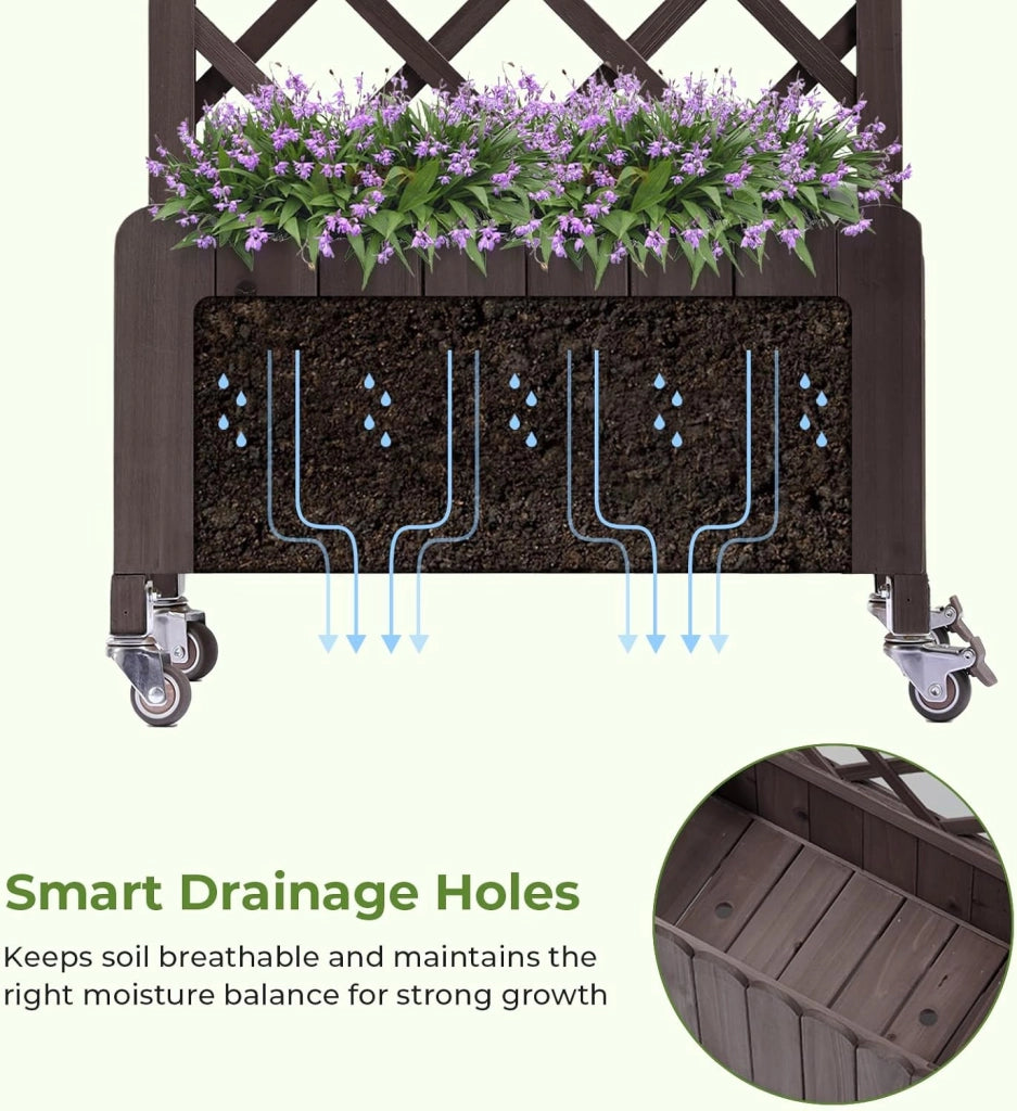 Set 2 fioriere in legno con grigliato e ruote, rialzate, resistenti alle intemperie con fori di drenaggio, ideali per giardino, balcone e terrazza, 49 x 28 x 116 cm – Marrone