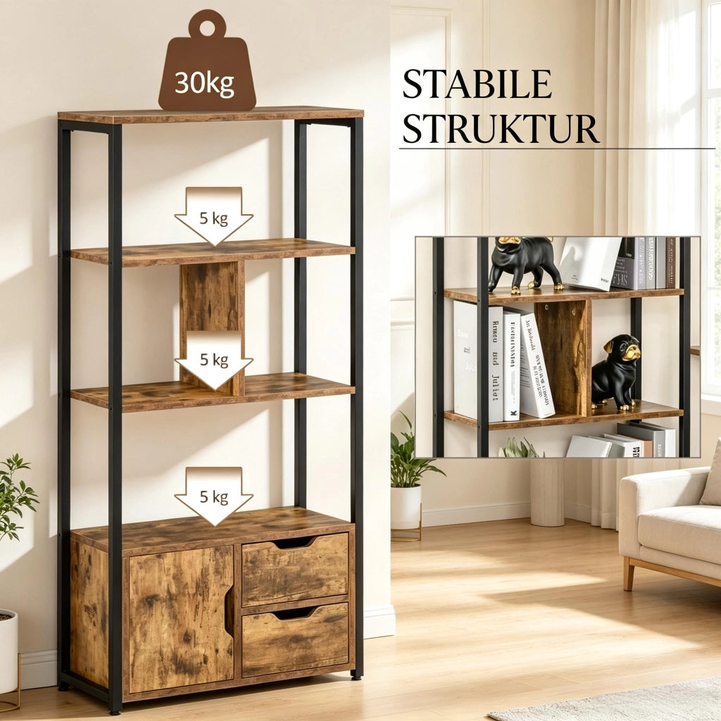 LIBRERIA 58x24x122 cm Nero ed Effetto Legno Antico con Ripiani e Armadietto