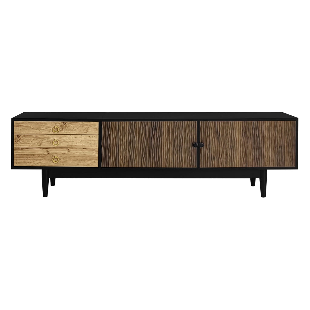 Mobile porta TV con 2 ante e 3 cassetti, pannelli effetto onda, gambe in legno, nero e legno 180 × 38 × 50 cm
