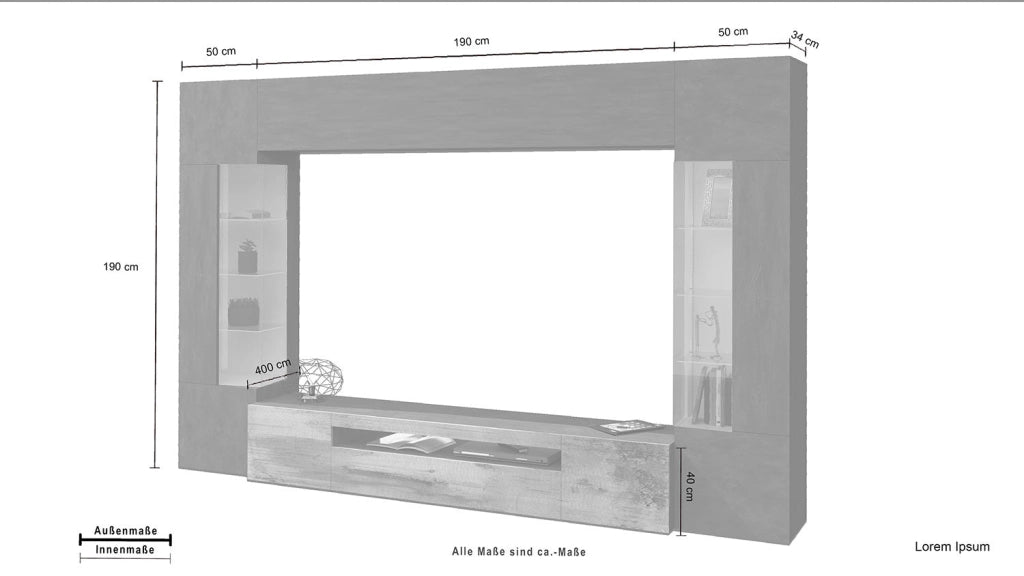 Parete Attrezzata Soggiorno 290x40x190 cm New Egypt Ardesia/Acero Pereira