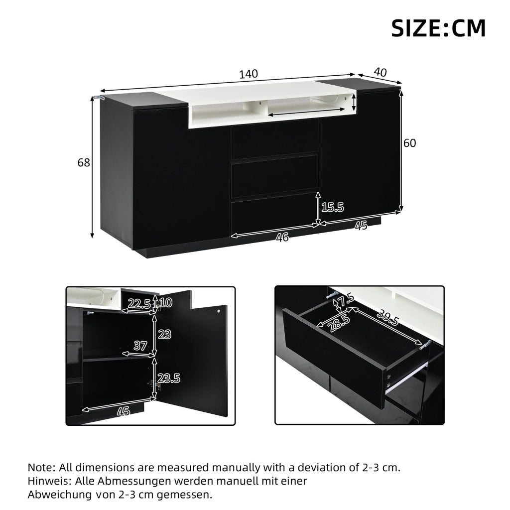 Credenza con 2 ante e 3 cassetti; illuminazione LED; per soggiorno; 140x40x68 cm; nera