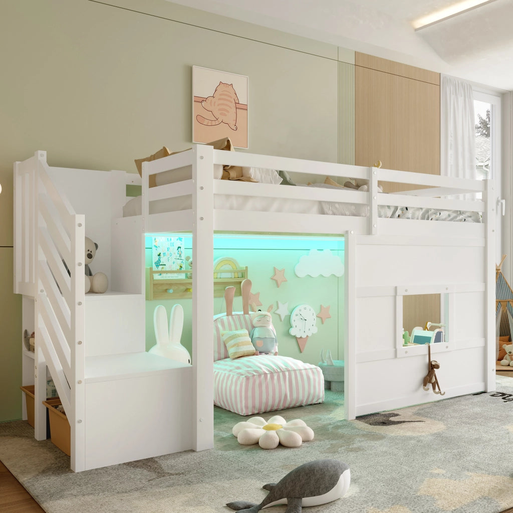 Letto a soppalco 90x200 cm con scala contenitore; finestra e LED in MDF; pino; compensato bianco