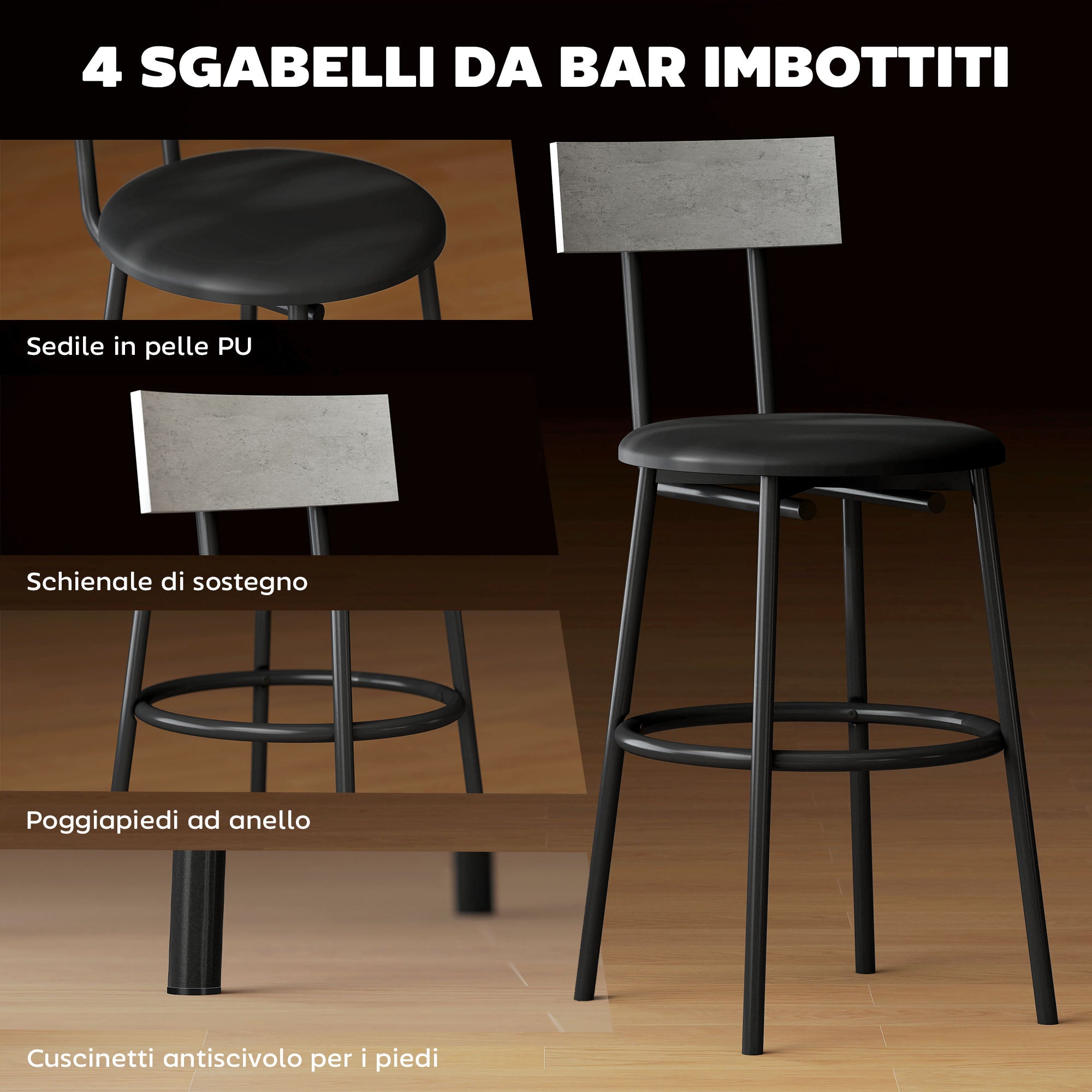 Set Tavolo Alto e 4 Sgabelli da Bar in Stile Industriale in MDF e Acciaio Grigio Cemento
