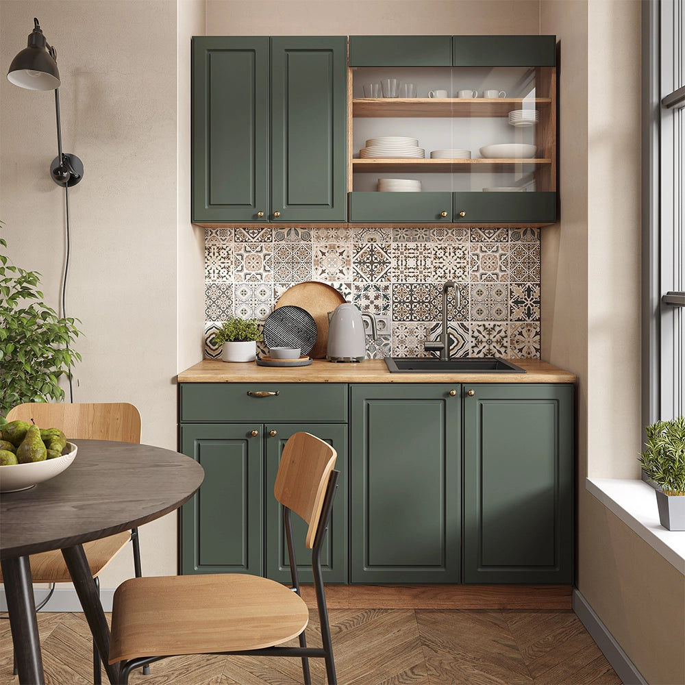 Cucina completa Fame-Line Verde-oro rustico/Rovere dorato 140 cm, PL Antracite Vicco