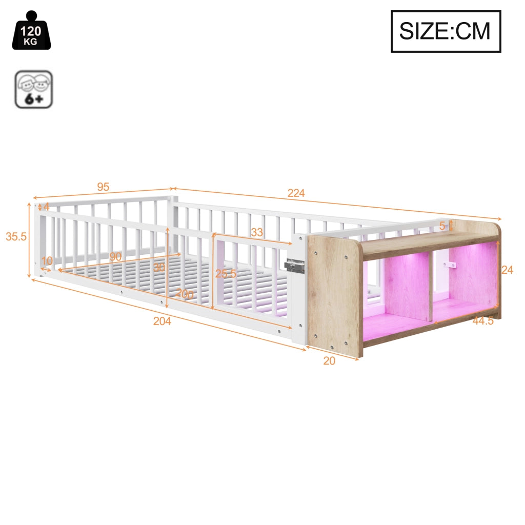 Letto per Bambini Letto Singolo con Sponda; Vano a Giorno e LED 90×200 cm; senza Materasso; Bianco